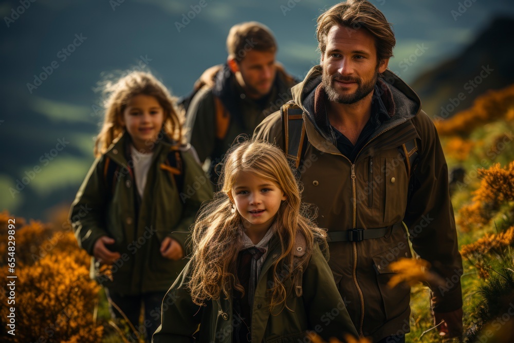 A family hiking together in a scenic mountain landscape, with children exploring the wilderness and parents leading the way A family hiking together in a scenic mountain landscape, with children exploring the wilderness and parents leading the way