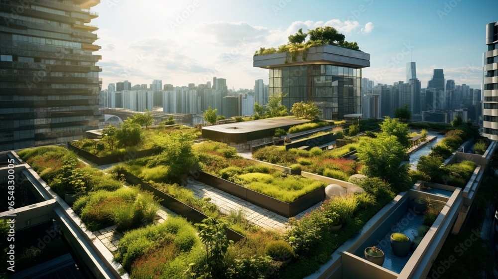 a green rooftop garden on a modern skyscraper, showcasing the eco-friendly and sustainable design of urban spaces