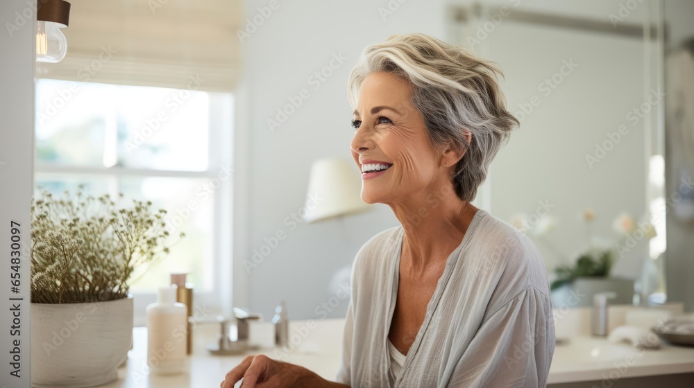 a woman in her 50s looking into a mirror reviewing her makeup