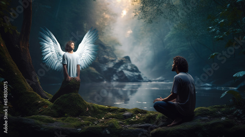 Young man seeing an apparition of an angel looking like him. Angelic being with glowing wings appearing to a person in a dark mysterious forest. photo