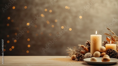decor for a family Christmas dinner with a white candle, dried orange, cone and cotton, photo