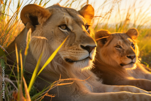 African Lion Pride Lounging at Sunset © AIproduction