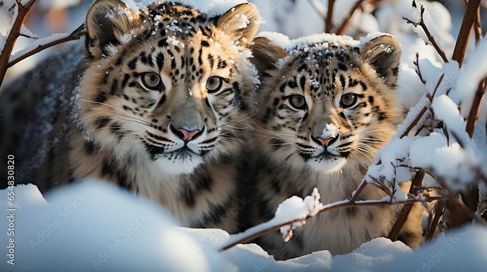 Obraz premium A pair of endangered Amur leopards, one of the world's rarest big cats, share an intimate moment in a remote, snow-covered forest, their piercing green eyes conveying the essence of vulnerability and 