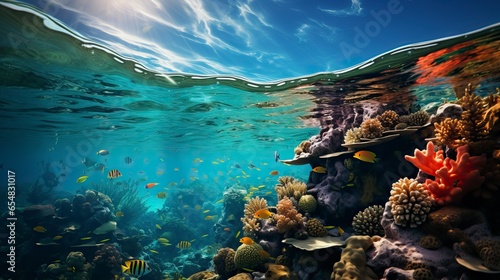 A vibrant coral reef teems with an astonishing diversity of marine life  including schools of neon-hued fish  intricate soft corals  and elusive seahorses  creating a kaleidoscope of colors and shapes