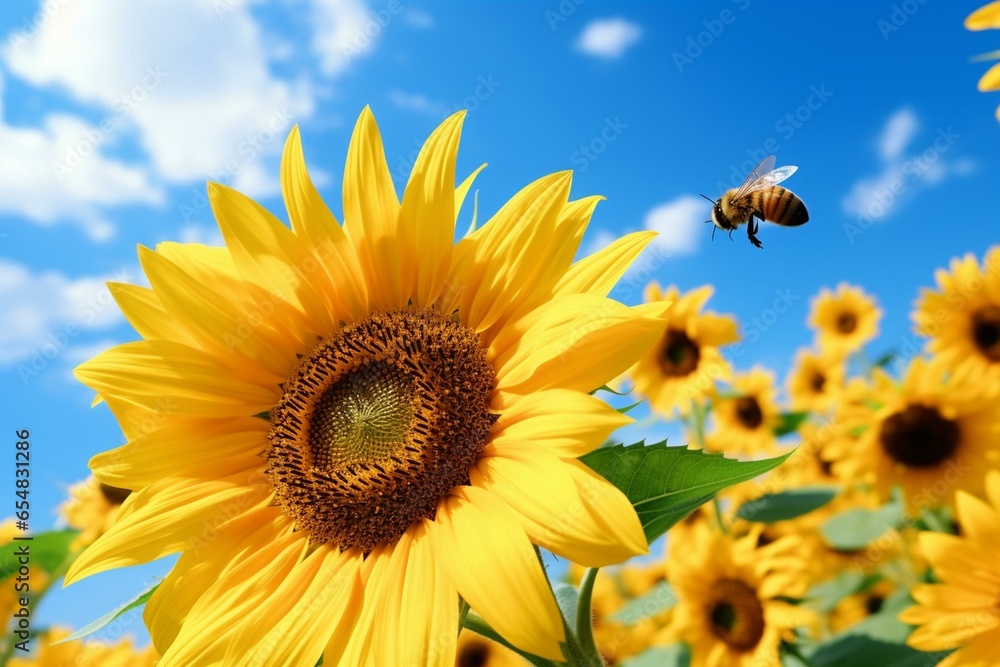 Naklejka premium Bee on sunflower, collecting pollen. Nature photo. Generative AI
