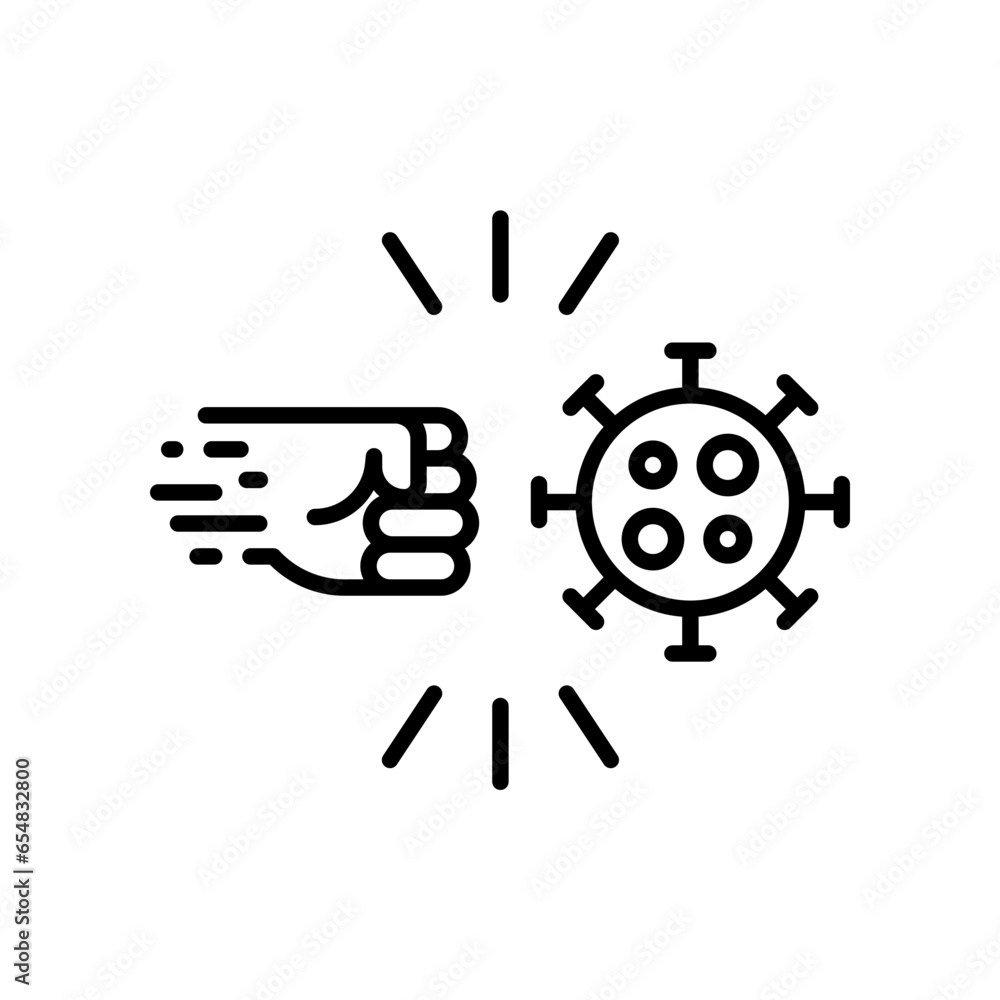 Punching hands to fight coronavirus icon. Fist kicking, fist kick by bacteria for protect virus, Conquer infection disease with hand fist attack. line Vector illustration design Punching hands to fight coronavirus icon. Fist kicking, fist kick by bacteria for protect virus, Conquer infection disease with hand fist attack. line Vector illustration design