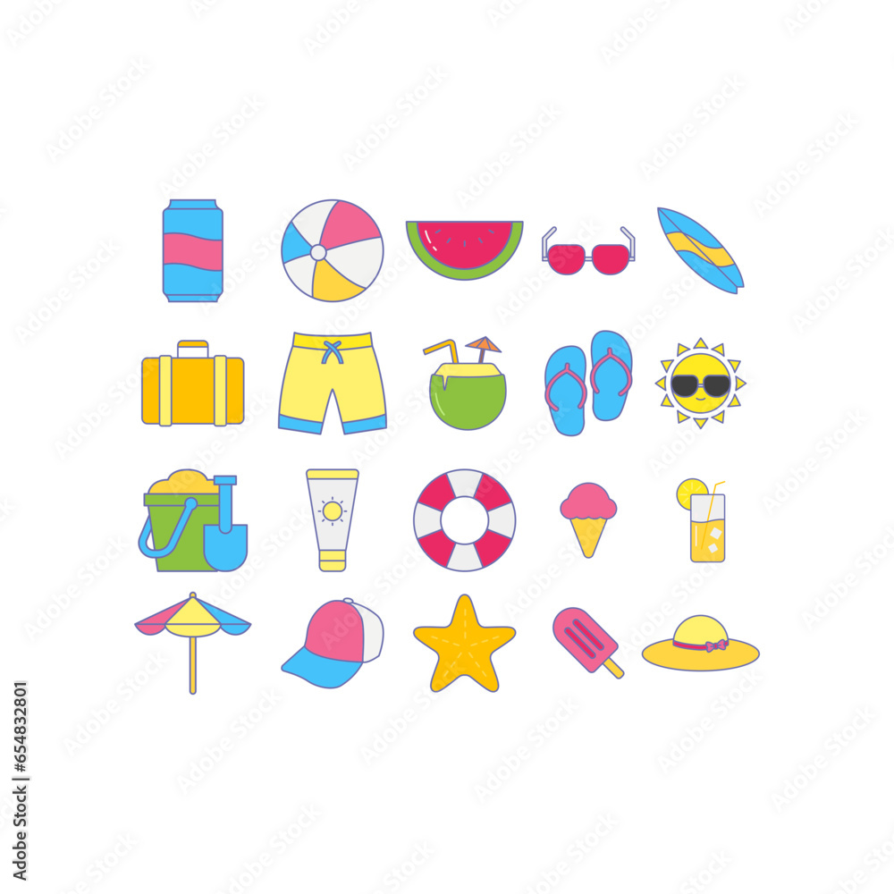 Summer vacation and beach set. Summertime icon set in filled outline color style include soda drink, sun glasses, watermelon, surfing board etc Vector illustration Design