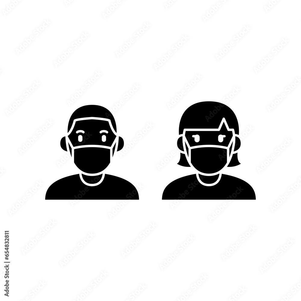 a man and woman wear a mask icon. People wearing protective surgical mask. Concepts of dust, coronavirus quarantine Covid-19 Notice Safety sign solid Vector illustration Design