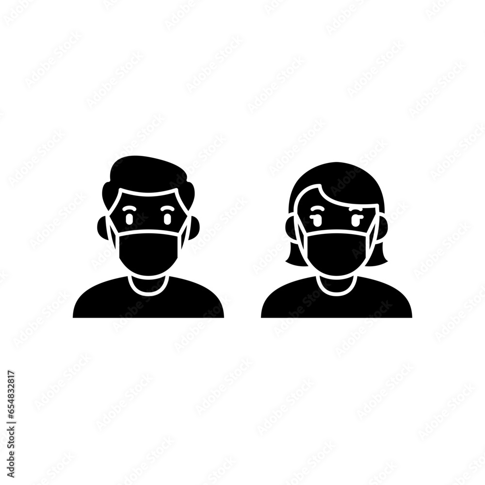 a man and woman wear a mask icon. People wearing protective surgical mask. Concepts of coronavirus quarantine. Covid-19 Notice Safety sign solid Vector illustration Design a man and woman wear a mask icon. People wearing protective surgical mask. Concepts of coronavirus quarantine. Covid-19 Notice Safety sign solid Vector illustration Design