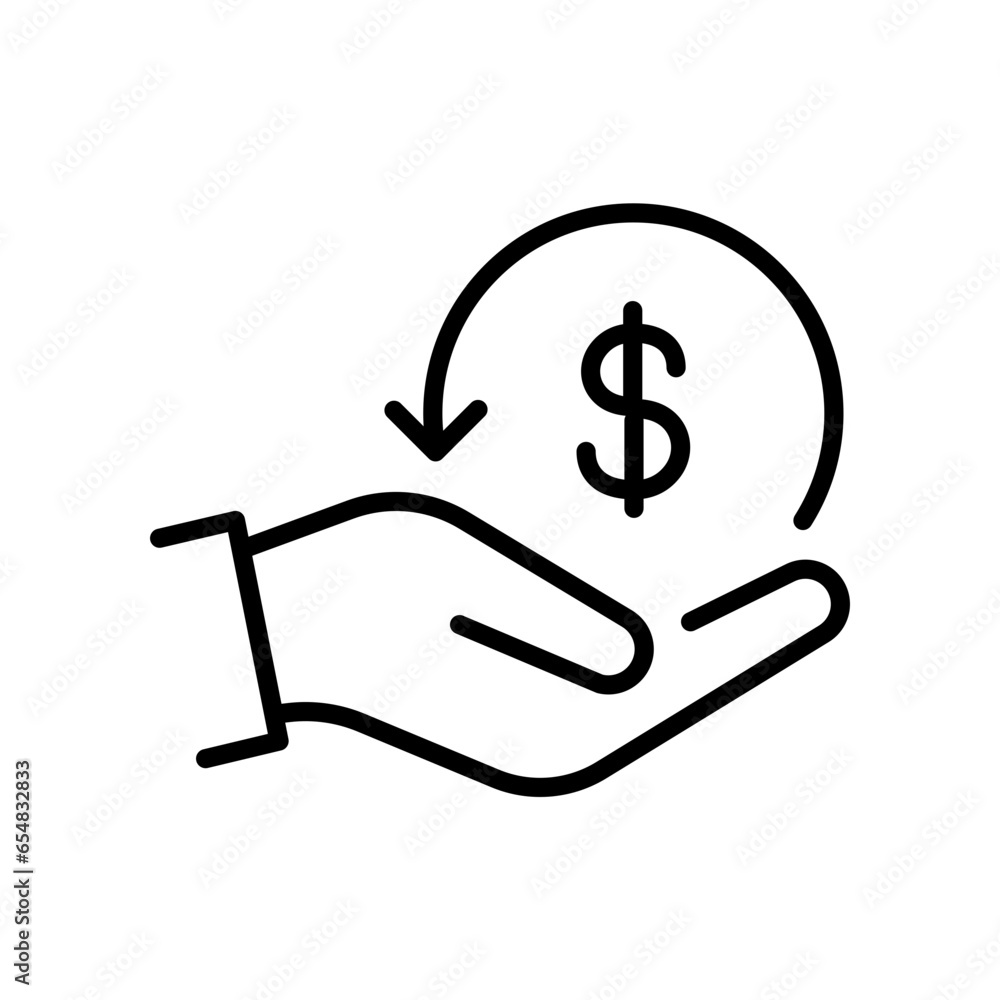 Cashback icon, return money. Money convert with hand holding. cash back rebate. Money dollar sign in hand. Thin line Vector illustration. Design Cashback icon, return money. Money convert with hand holding. cash back rebate. Money dollar sign in hand. Thin line Vector illustration. Design