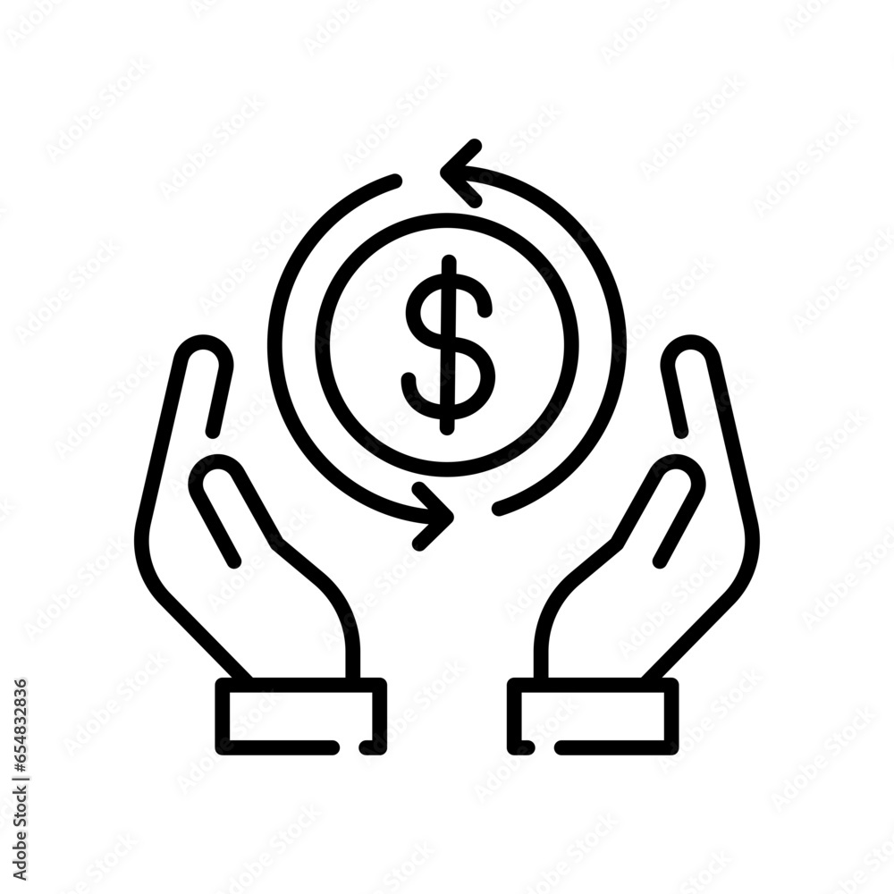 Cashback icon, return money. salary money, invest finance, hand holding dollar. Return of investment icon. Money back refund. Thin line silhouette Vector illustration. Design Cashback icon, return money. salary money, invest finance, hand holding dollar. Return of investment icon. Money back refund. Thin line silhouette Vector illustration. Design