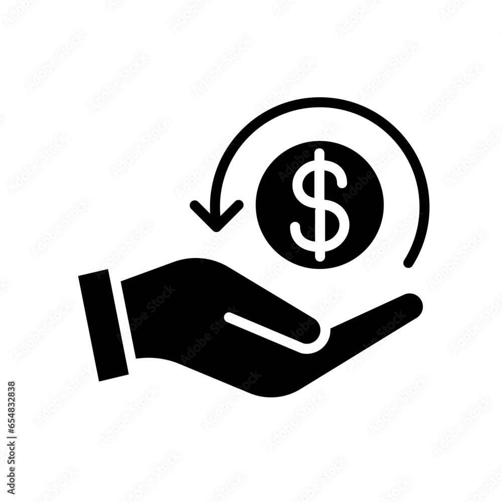 Cashback icon, return money. Two hand holding with money dollar return. save money. salary financial investment icon. invest finance. solid style Vector illustration Design Cashback icon, return money. Two hand holding with money dollar return. save money. salary financial investment icon. invest finance. solid style Vector illustration Design