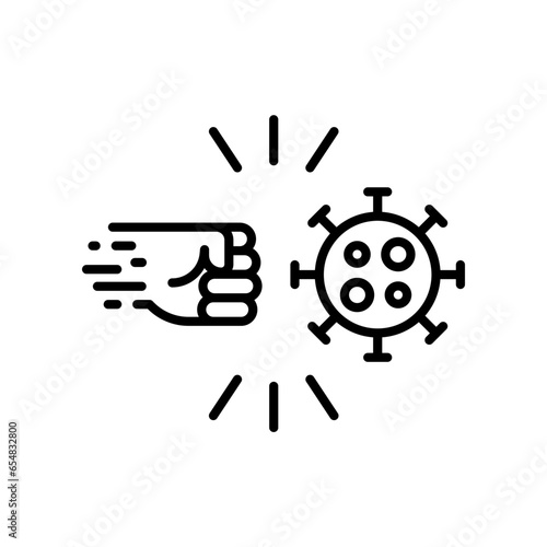 Punching hands to fight coronavirus icon. Fist kicking, fist kick by bacteria for protect virus, Conquer infection disease with hand fist attack. line Vector illustration design