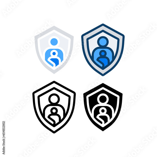 Parents and child avatar in shield badge for online safety kids symbol. Kids watch safe content on internet. Parental control outline flat solid icon Vector illustration Design