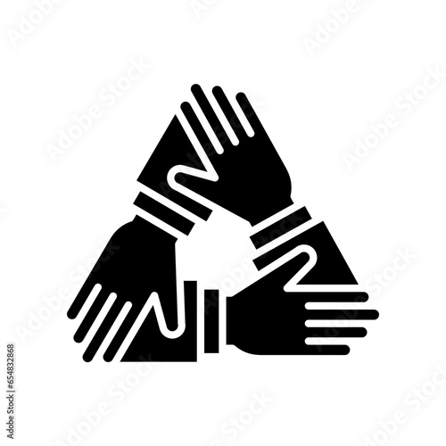 Three hands support each other. Collaboration teamwork thin line solid. Support, Business friendship and partnership sign. unity in diversity. Vector illustration. Design