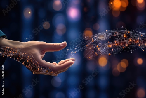 AI, Machine learning, Hands of robot and human touching on big data network connection, Data exchange, deep learning, Science and artificial intelligence technology, innovation of futuristic.