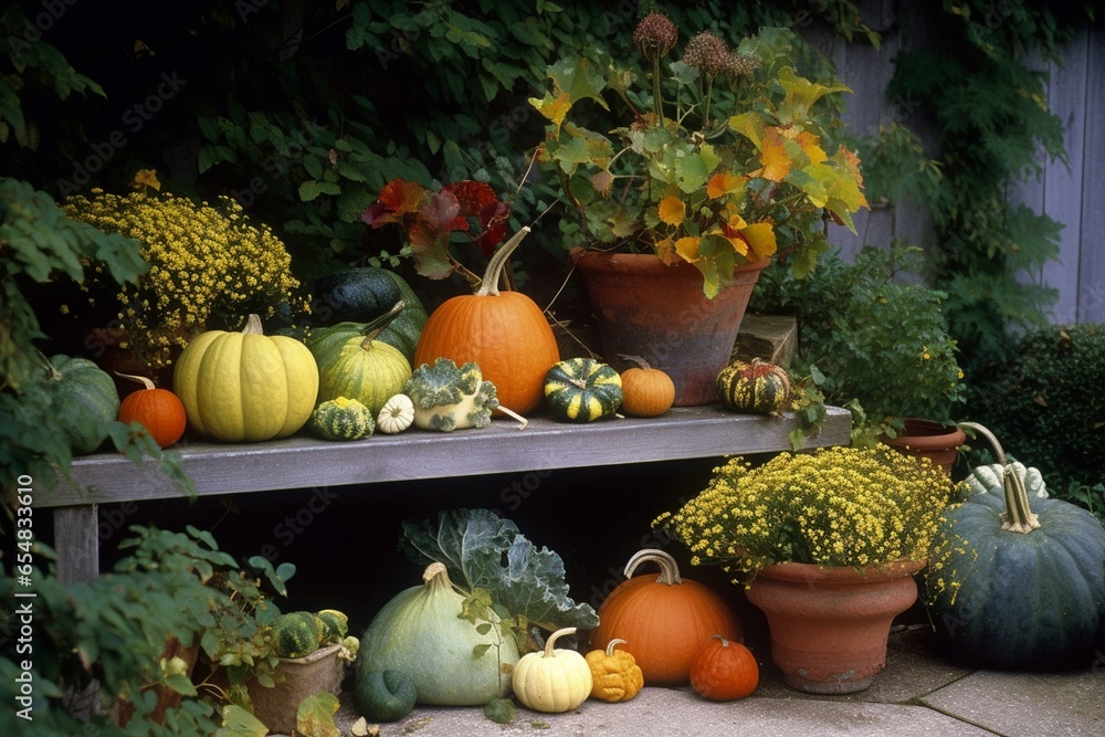 autumnal display with gourds. Generative AI