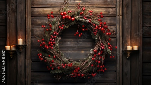 a Christmas wreath, lovingly crafted and displayed against a wooden background. photo