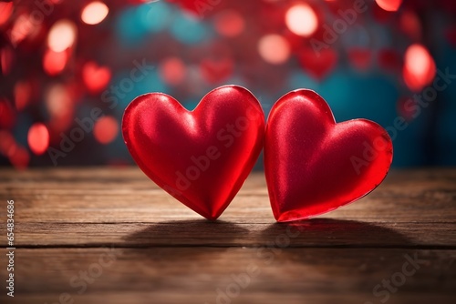 Valentine's Day. Two red hearts on wooden table with bokeh background. Generative Ai.