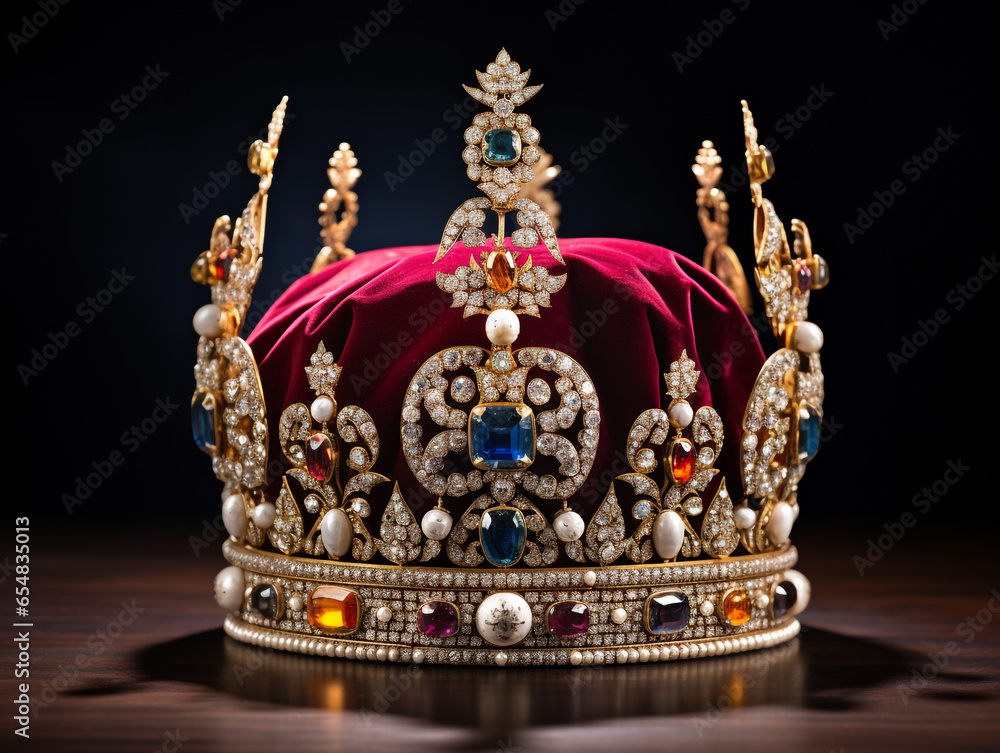 Expensive and beautiful king crown on the table. Made of gold and decorated with precious stones.