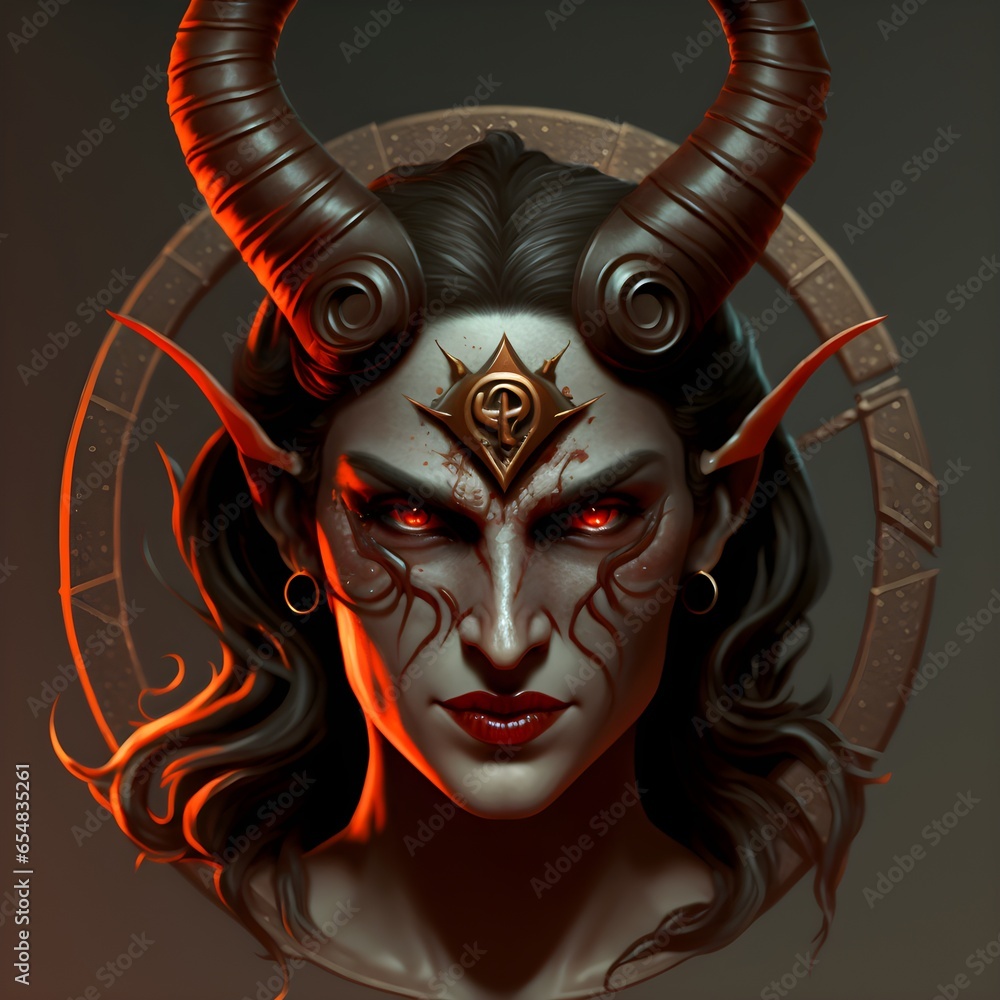 3d circular logo with arcane symbols for a female tiefling warlock with ...