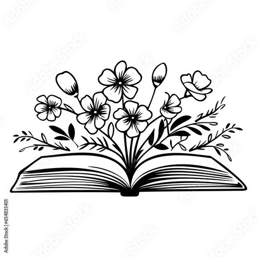 open book with wildflowers, Floral book and feather isolated clip art, Book lovers hand drawn print, 