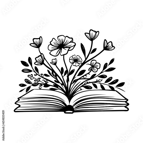 open book with wildflowers, Floral book and feather isolated clip art, Book lovers hand drawn print, 