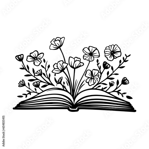 open book with wildflowers, Floral book and feather isolated clip art, Book lovers hand drawn print, 