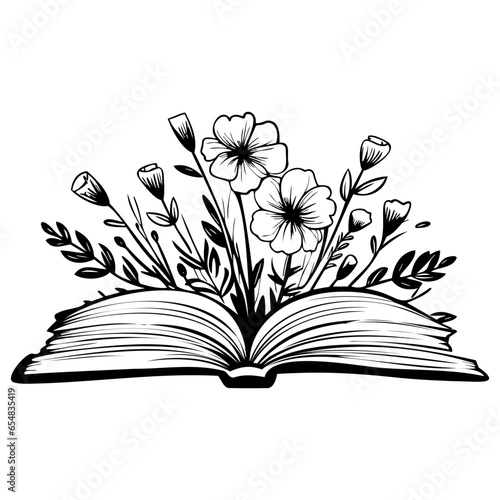 open book with wildflowers, Floral book and feather isolated clip art, Book lovers hand drawn print, 