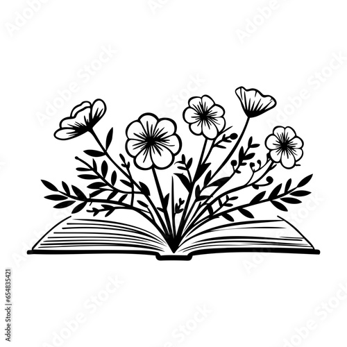 open book with wildflowers, Floral book and feather isolated clip art, Book lovers hand drawn print, 