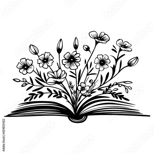 open book with wildflowers, Floral book and feather isolated clip art, Book lovers hand drawn print, 