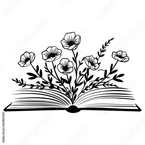 open book with wildflowers, Floral book and feather isolated clip art, Book lovers hand drawn print, 