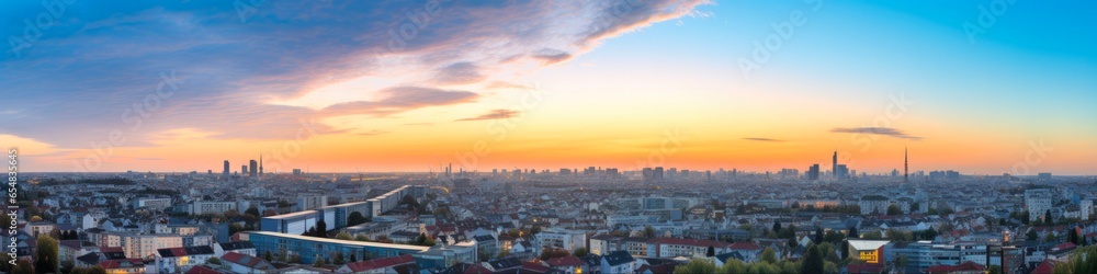Essen Skyline at Sunset - Captivating German Architecture Fused with Breathtaking Blue Sky and City Landscape in Ruhr Europa - obrazy, fototapety, plakaty 