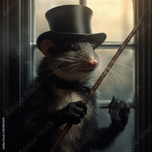 Evil Rat with a Silk Hat and Cane, Stands Tall. Furry Body with Intense Eyes, Pointy Ears, and Sharp Teeth