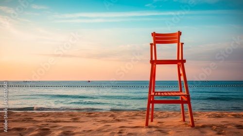 Empty Lifeguard Chair on Sandy Coastal Beach of Sahl Hasheesh Bay at Sunset in Hurghada, Egypt photo