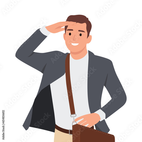Young businessman looking far off into the distance, searching for a distant object with a confused look. Flat vector illustration isolated on white background
