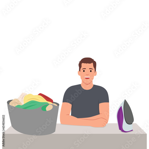 Young man looking happy and pleasantly surprised iron and clothes concept. Flat vector illustration isolated on white background