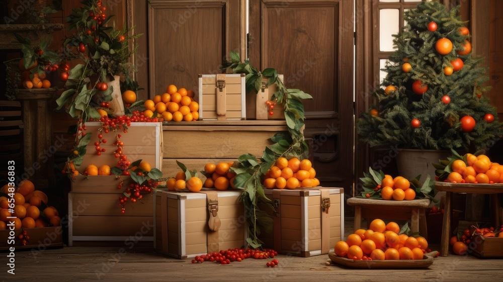 an abundance of tangerines for New Year and Christmas, laid out in wooden boxes, a visually pleasing composition an abundance of tangerines for New Year and Christmas, laid out in wooden boxes, a visually pleasing composition