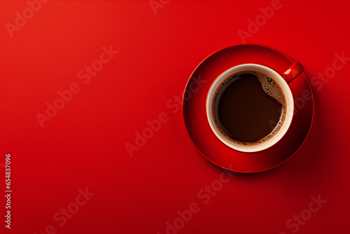 Elegant red cup with coffee on red background, top view
