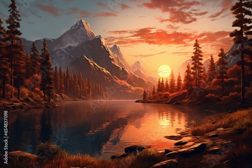 beautiful mountain scenery with lake and trees during sunset. Generative AI