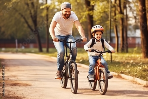 Learning, cycling, and a proud father teaching his young son to ride while wearing a helmet for safety. An active father helps and supports his child while cycling outside.
