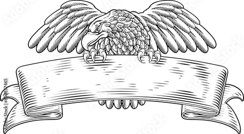 An eagle scroll symbol crest banner parchment design emblem in a vintage woodcut style