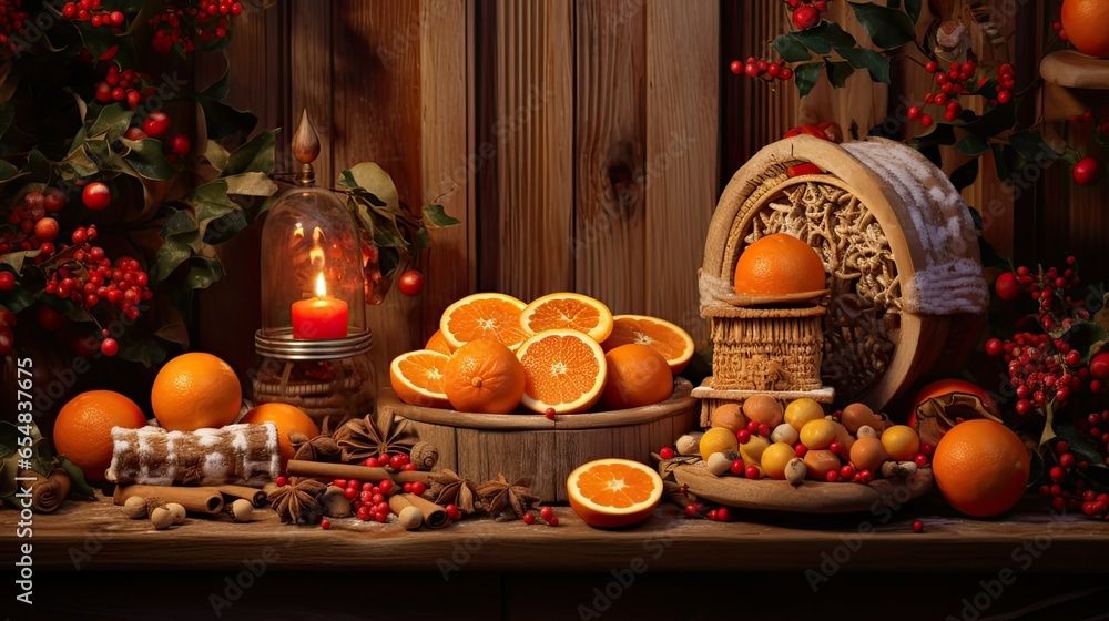 a wooden board arranged with ripe tangerines, cinnamon sticks, and sweet candy canes on a table.