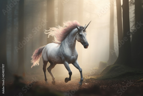 A unicorn runs through an autumn foggy forest at dawn.