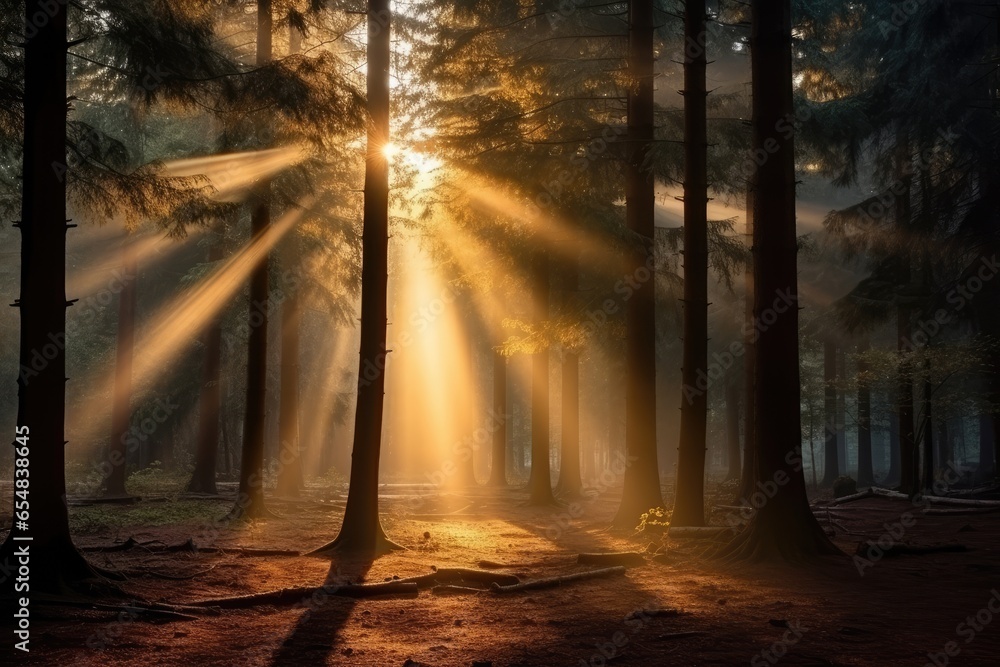 Tranquil forest scene with misty morning sunlight filtering through trees.