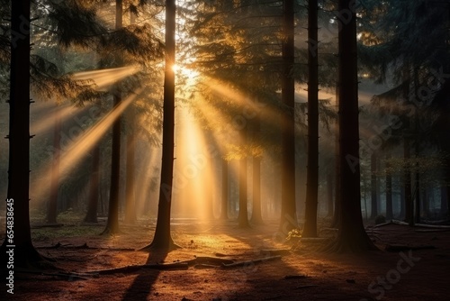 Tranquil forest scene with misty morning sunlight filtering through trees.