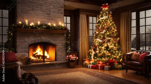 Christmas tree with fireplace  surrounded by gifts  deer figurines  candles  lanterns and festive garland.