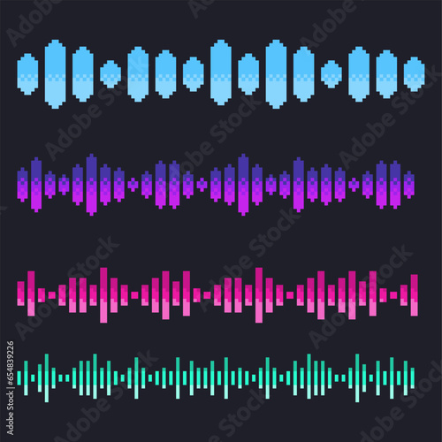 Neon Bright Color Audio Line Visualizer In Variant Template Set, Dark Pixel Art Style