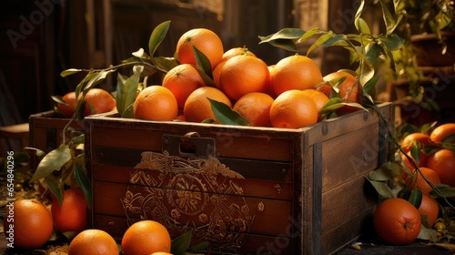 an abundance of tangerines for New Year and Christmas, laid out in wooden boxes, a visually pleasing composition