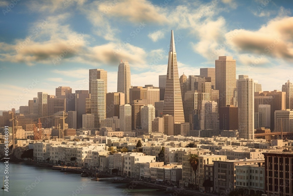 Urban cityscape of San Francisco with landmark buildings and skyline. Generative AI